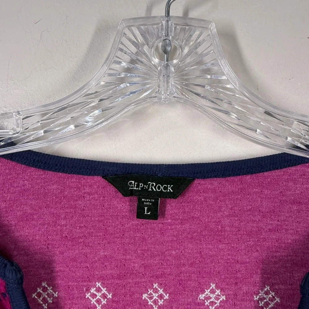 AlpnRock Womens Magenta Organic Cotton Embroidered Henley Long Sleeve Top L